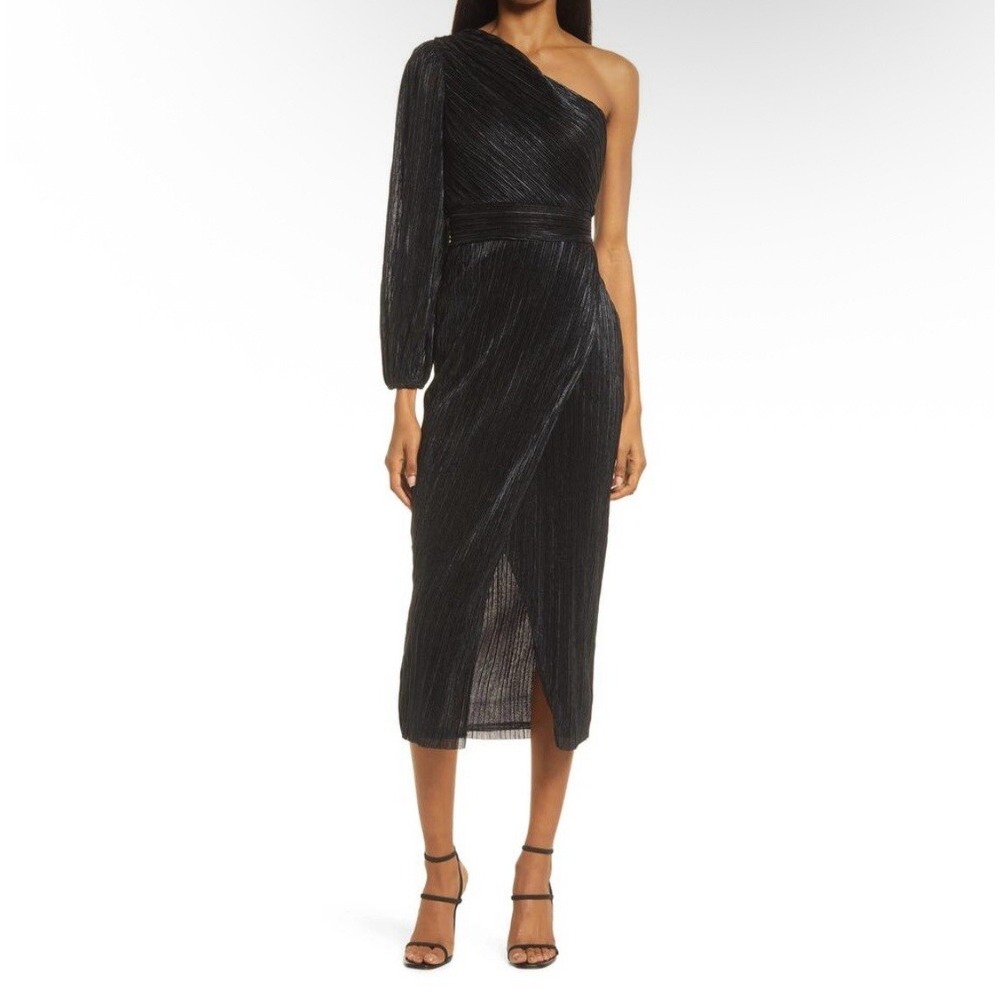 Saylor‎ One-Shoulder Metallic Pleated Midi Dress - Size M